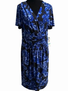Evan-Picone Blue & Black Floral Dress Plus Size 16